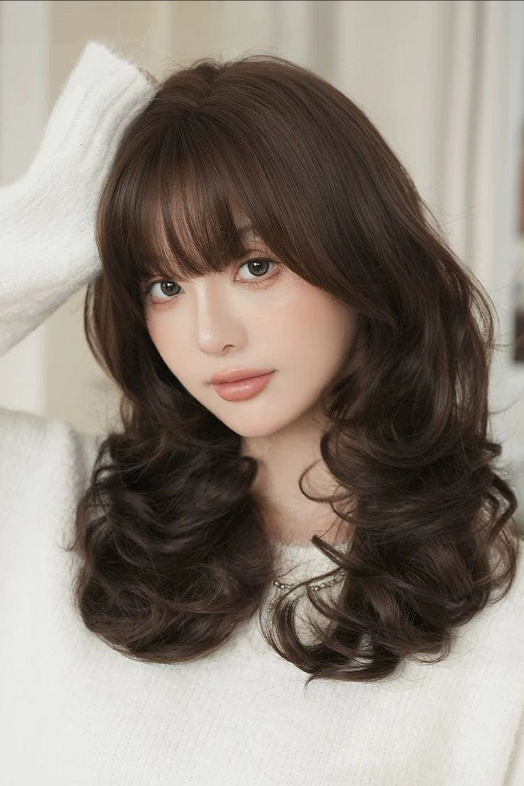 Black Brown Full Air Bangs Multi-Layered Sweet Daily Lolita Length Wig - Product - 5