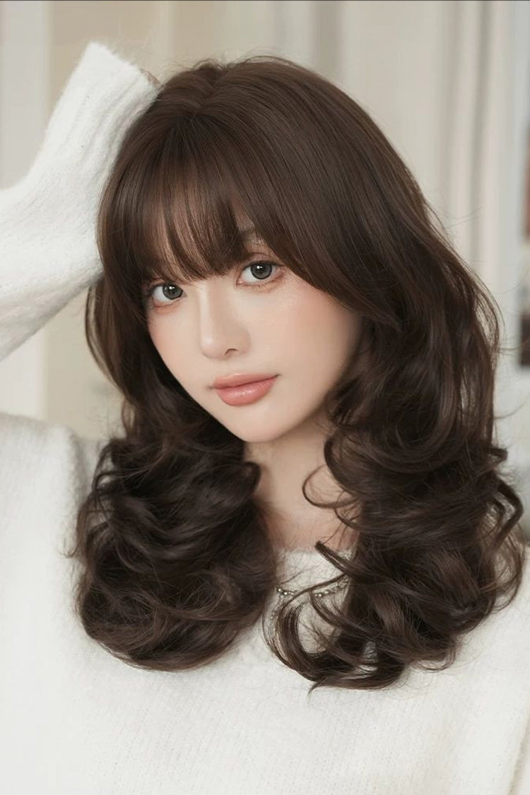 Black Brown Full Air Bangs Multi-Layered Sweet Daily Lolita Length Wig - Product - 5