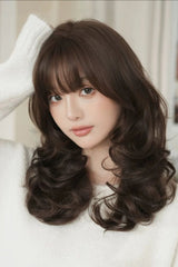 Black Brown Full Air Bangs Multi-Layered Sweet Daily Lolita Length Wig - Product - 5