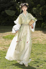 [Lily of the Valley] Long Sleeves Wei-Jin Style Ombre Printed Ruffled Embroidered Chinese Style Classic Hanfu Dress Set 3 Colors - Green/Yellow - 6