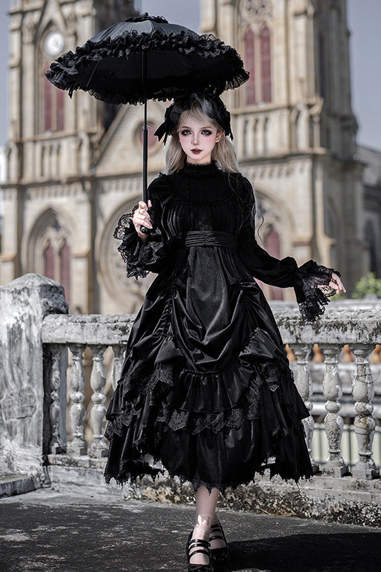 Black [Songs of Dawn and Dusk] Long Lantern Sleeves Multi-Layered Ruffled Bow Adjustable Drawstring Hem Nun Gothic Lolita Dress Set - Product - 7