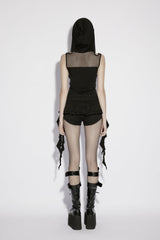 Black Sleeveless Spliced Slim Mesh Eyelet Women's Punk Cool Hooded Vest - Product - 4