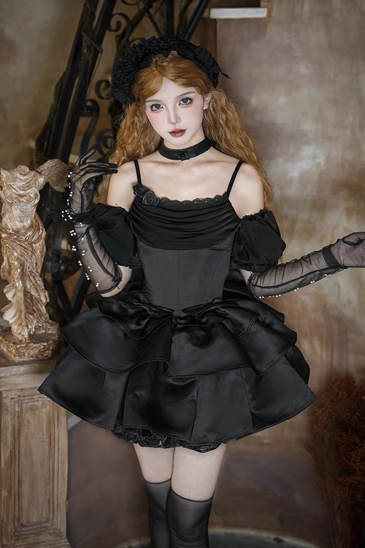 Black [Duet] Sleeveless Double-Layered Ruffle Bowknot Gothic Elegant Gorgeous Lolita Jsk Dress - Product - 3