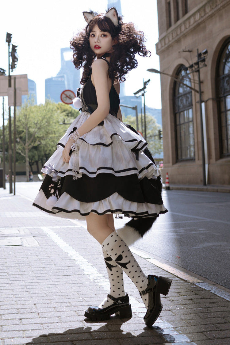 Black/White [Cat Fist] Triple-Layered Ruffle Bowknot Sweet Lolita Jsk Dress - Product - 5