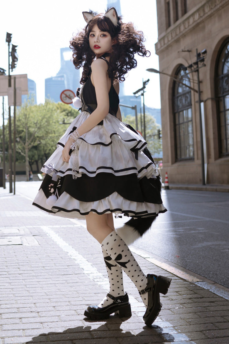 Black/White [Cat Fist] Triple-Layered Ruffle Bowknot Sweet Lolita Jsk Dress - Product - 5