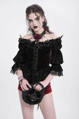 Red Off Shoulder Long Sleeves Ruffle Embroidery Lace-Up Women's Gothic Blouse - Product - 2
