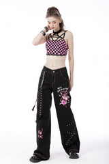 Black Dangerous Bear Chain-Decorated Women's Grunge Bell Bottom Pants - Product - 2