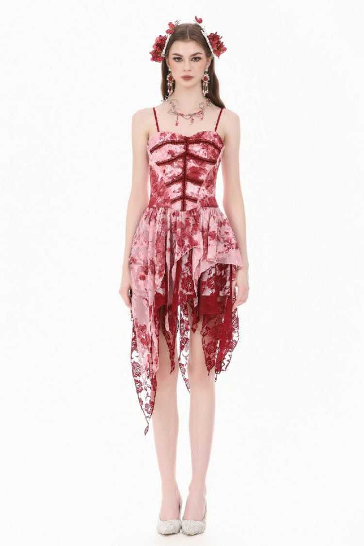 Red/White Multi-Layered Asymmetric Tie-dyed Women's Gothic Slip Dress - Product - 6
