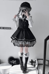 Black [Twilight Song] Stripe Print Bowknot Lace Jirai Kei Jumper Dress - Product - 4