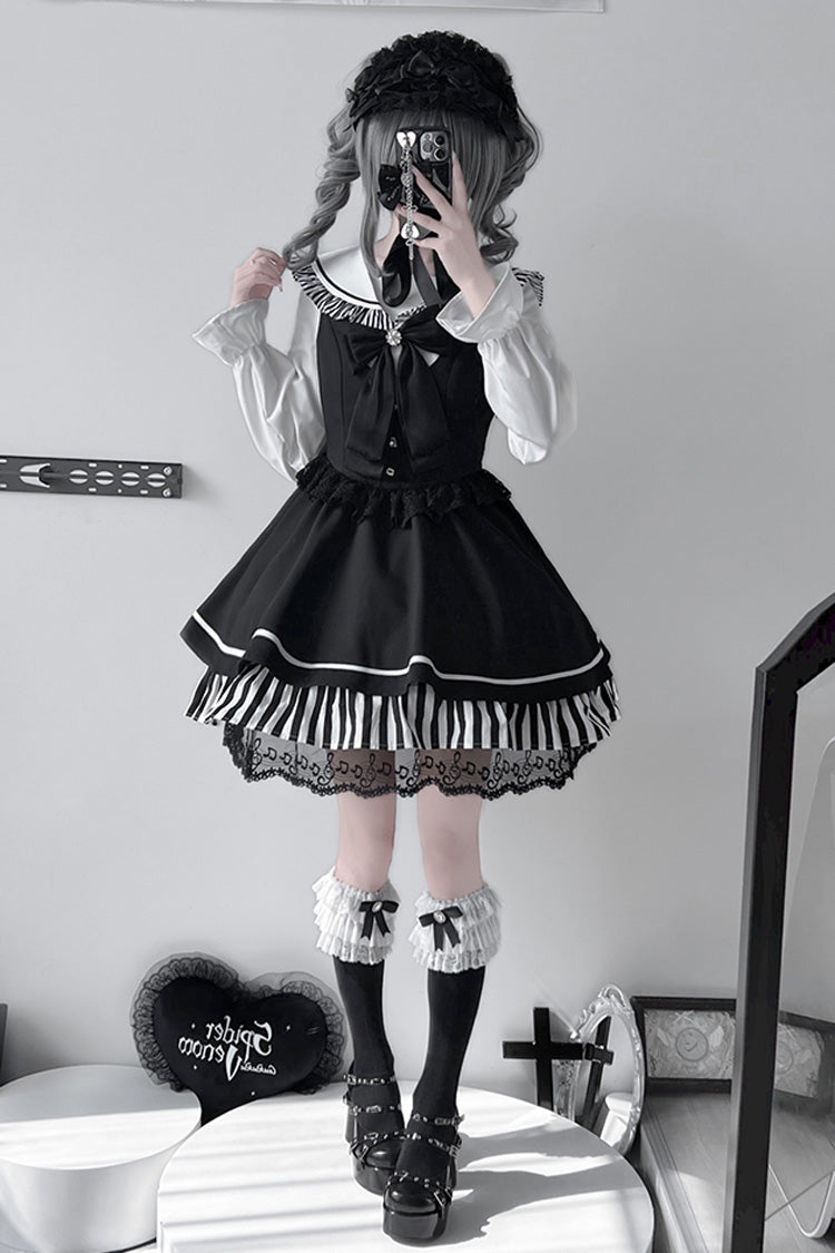 Black [Twilight Song] Stripe Print Bowknot Lace Jirai Kei Jumper Dress - Product - 4