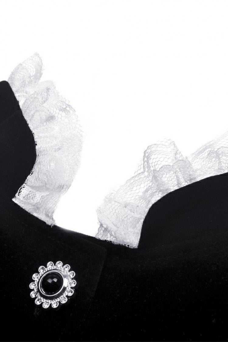 Black/White Frilly Collar Skull Bow Tie Long Puff Sleeves Lace Lace-Up Women's Gothic Vintage Velvet Jacket - Product - 14