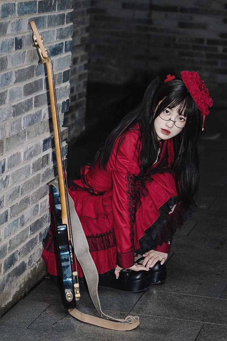 Red Gothic Punk Long Sleeves Removable Corsage Lolita Skirt Set - Product - 4