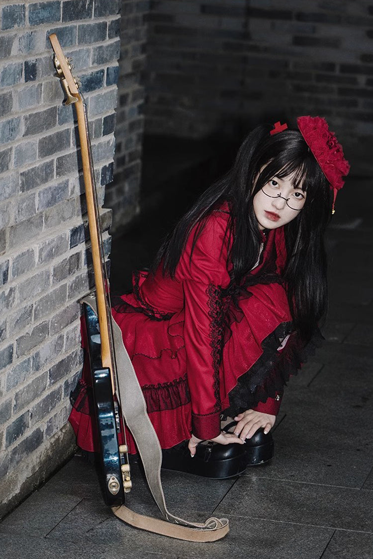 Red Gothic Punk Long Sleeves Removable Corsage Lolita Skirt Set - Product - 4