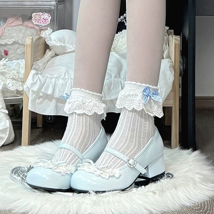 Blue Bow Lace Mid-Heel Round-Toe Sweet Lolita Mary Jane Shoes - Product - 3