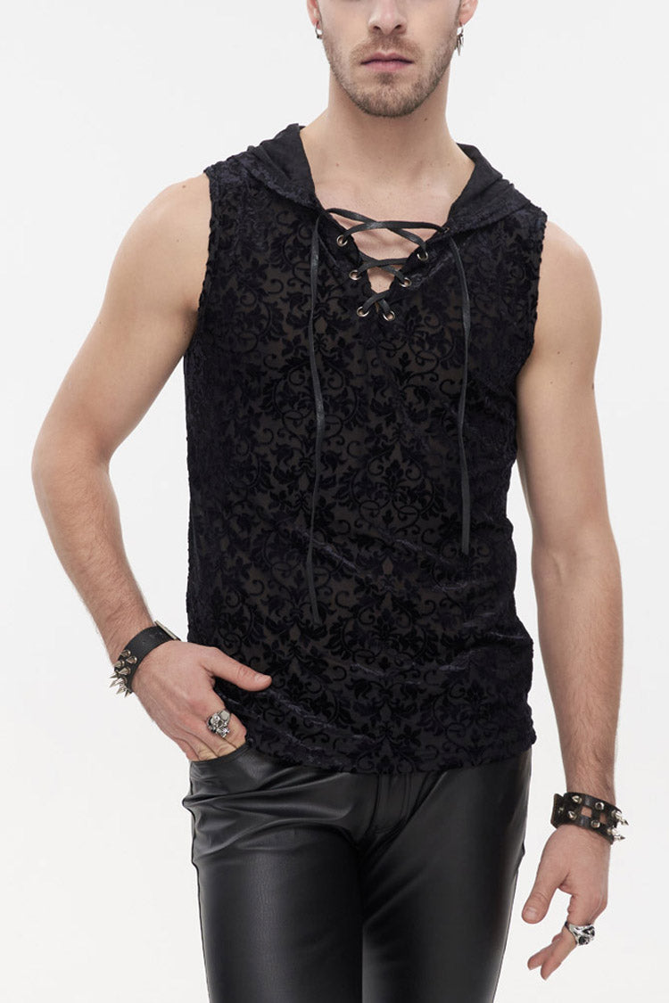 Black Punk Velvet Jacquard Chest Tie Sleeveless Hooded Men's Shirt - Product - 1