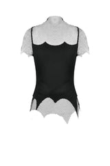 Black Short Sleeves Irregular Mesh Cross Chain-Decorated Eyelet Women's Punk Top - Product - 16