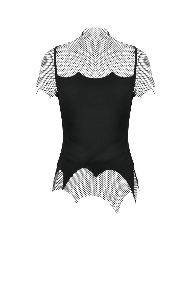 Black Short Sleeves Irregular Mesh Cross Chain-Decorated Eyelet Women's Punk Top - Product - 16