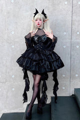 Pure Black Little Devil Sexy Princess Slim Gothic Lolita Strapless Tiered Dress - Product - 2