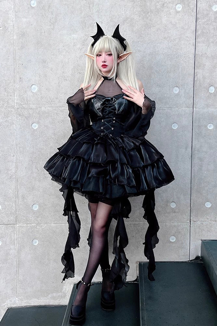 Pure Black Little Devil Sexy Princess Slim Gothic Lolita Strapless Tiered Dress - Product - 2