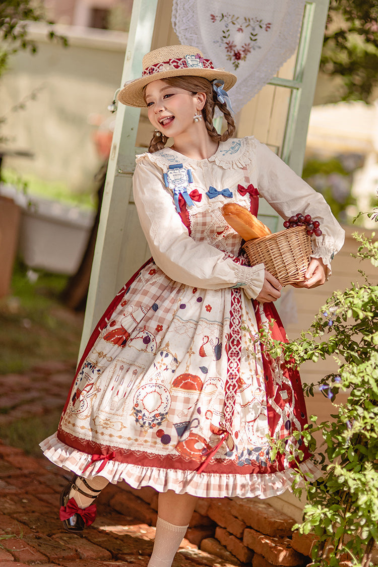 Red [Tea Party] Print Ruffle Bowknot Lace Sweet Elegant Lolita Jsk Dress - Product - 2