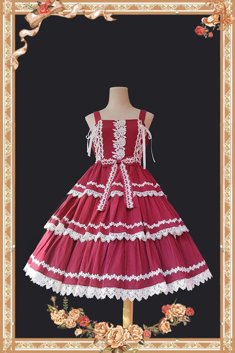 Red/White Three-section Cake Sleeveless Ribbon Sweet Lolita Tiered Dress - Product - 6