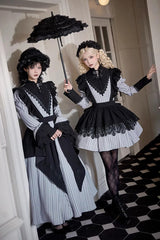 Light Grey [Nocturne] Vertical Stripes Print Ruffle Bowknot Lace Gothic Lolita Dress 2 Versions - Product - 3