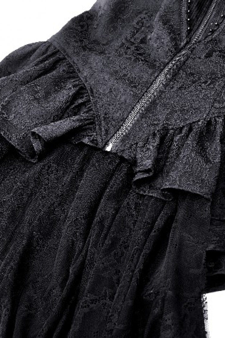 Black Stand Collar Long Trumpet Sleeves Lace Sheer Lace-Up Women's Gothic High Low Tail Coat - Product - 17