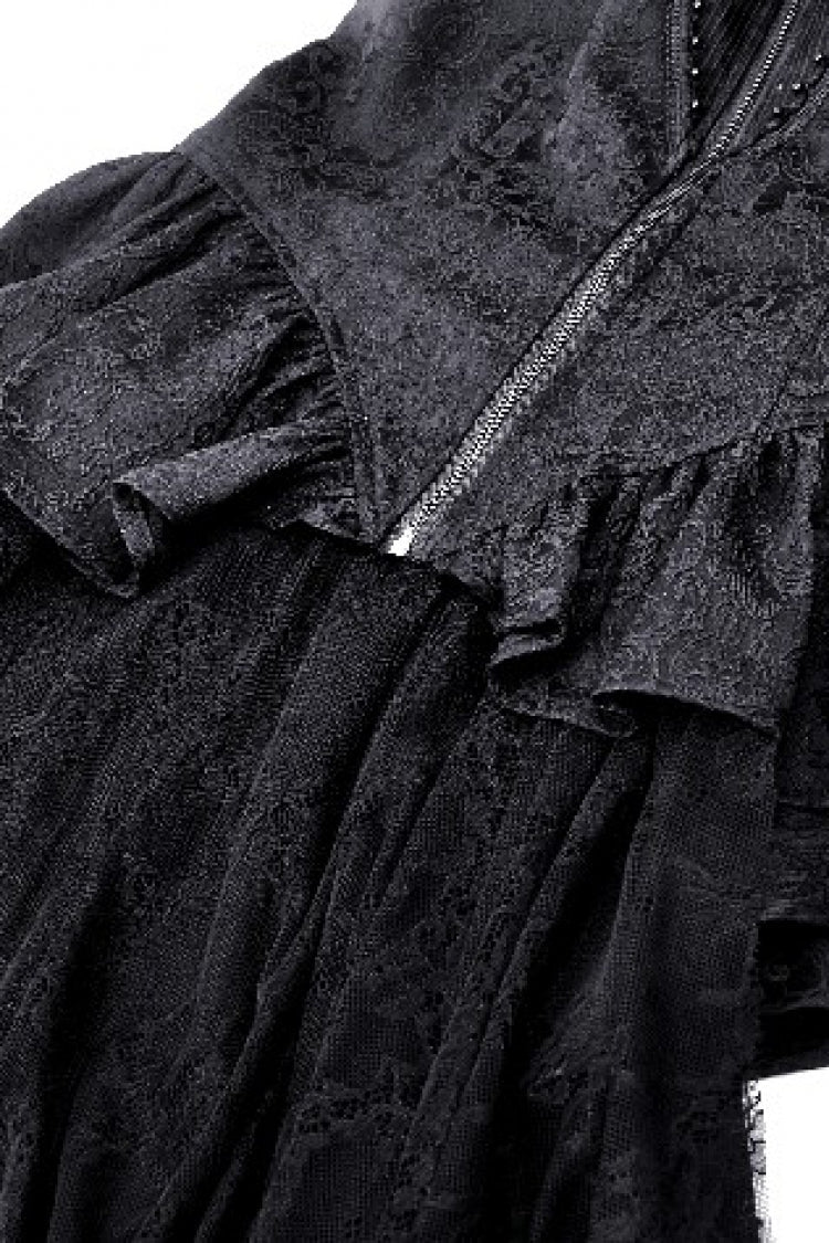Black Stand Collar Long Trumpet Sleeves Lace Sheer Lace-Up Women's Gothic High Low Tail Coat - Product - 17