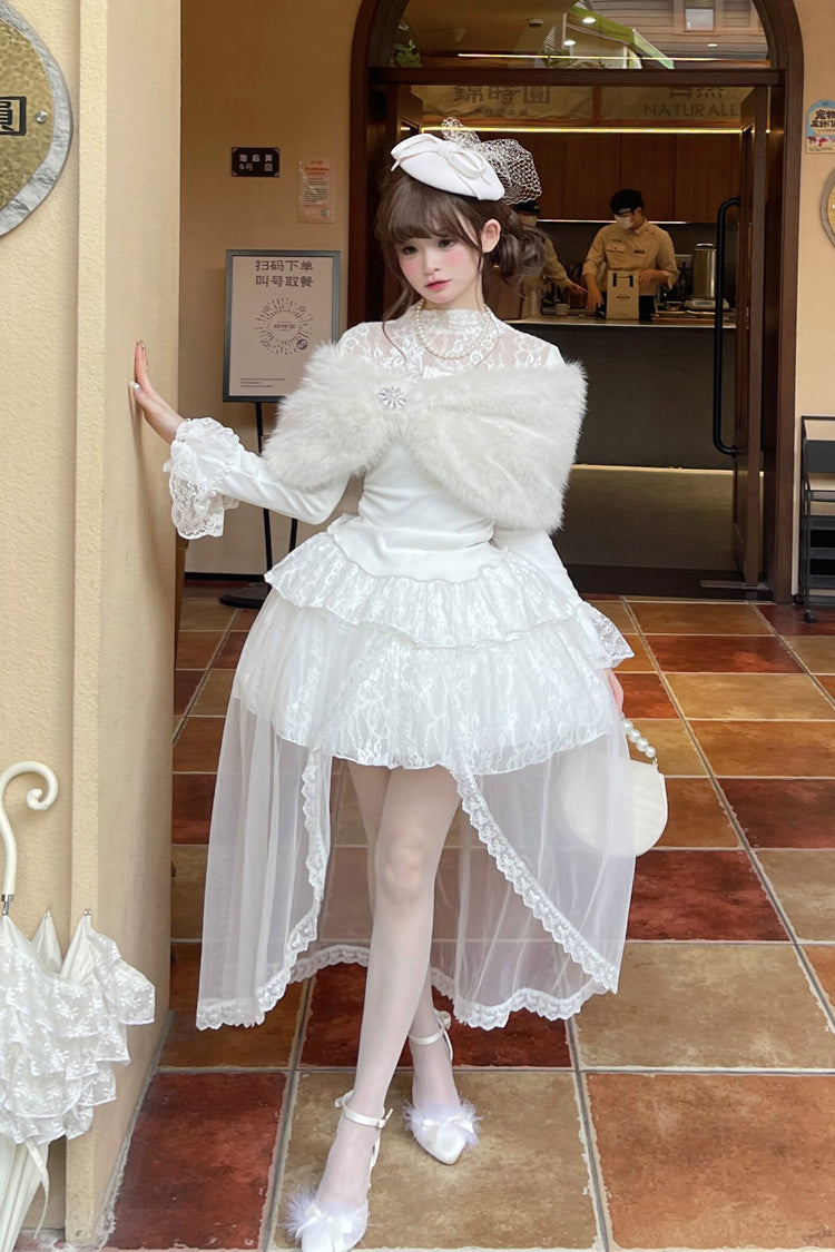 White [First Snow] Long Sleeves Lace Irregular Sweet Lolita Skirt Three-piece Set - White - 1