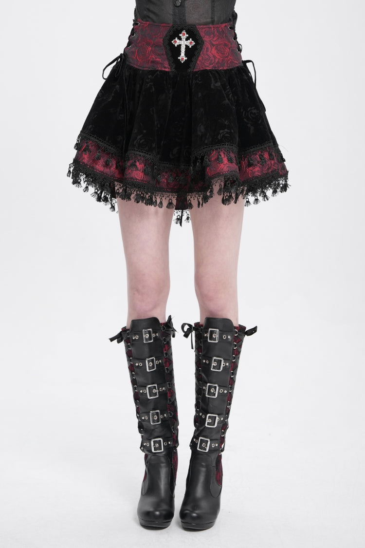 Black/Red Cross Tassel Print Women's Gothic Skirt - Product - 2