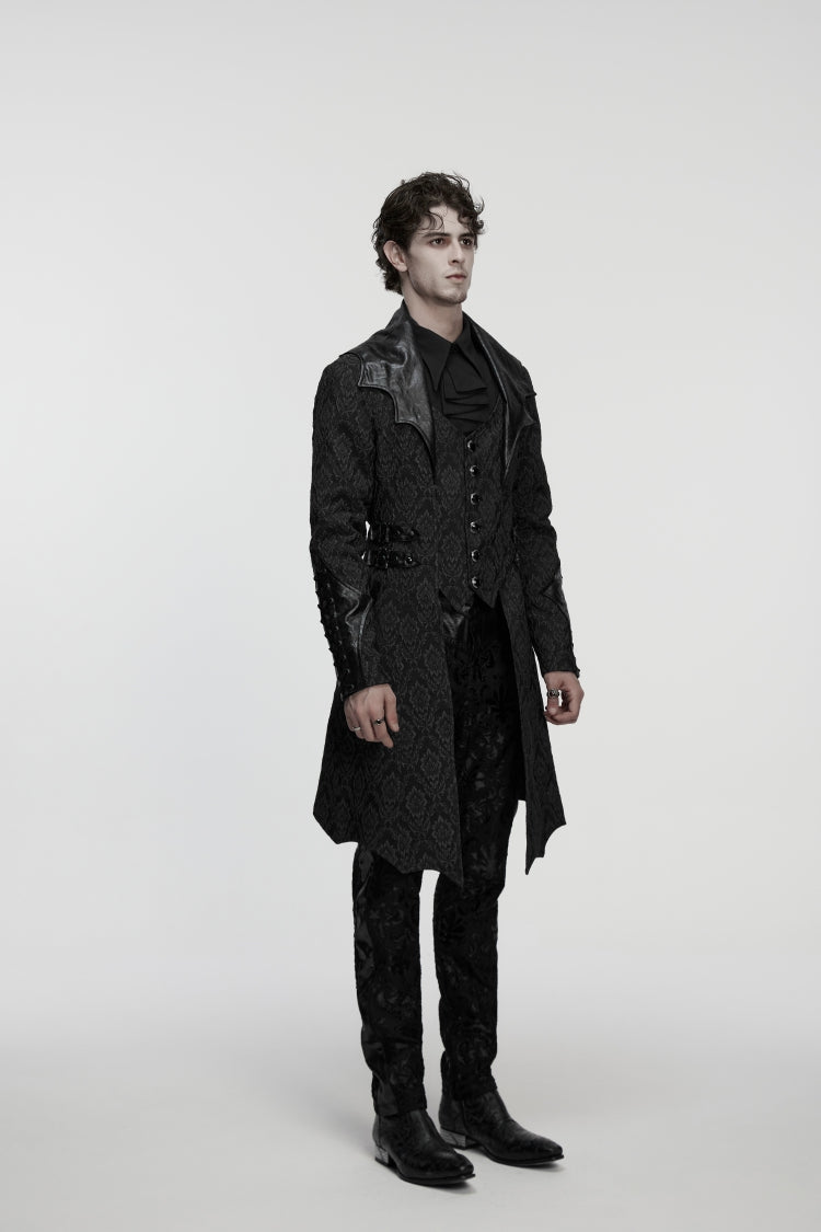 Black Lapel Collar Long Sleeves Jacquard Spliced Lace-Up Slim Buckled Men's Gothic Coat - Product - 3