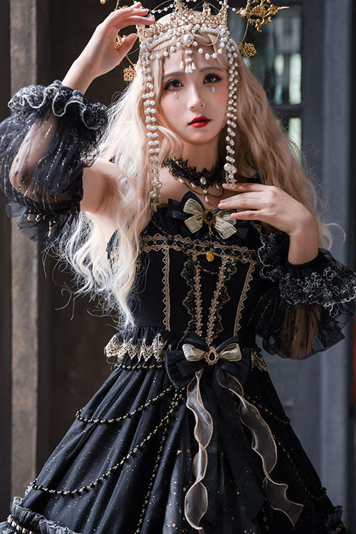 Black Starry Night Square Collar Bowknot Multi-Layer Ruffled Cardigan Gothic Lolita JSK Dress with Detached Sleeves - Product - 8