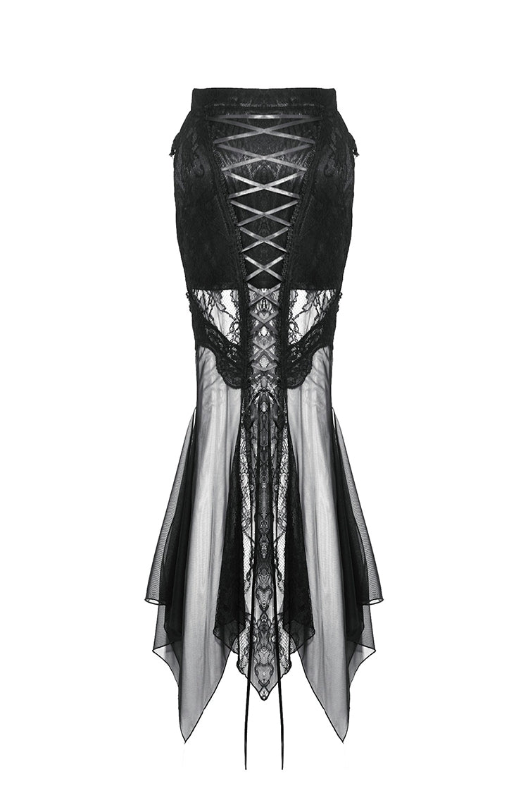 Black Lace-Up Mesh Spliced Lace Women's Gothic Fishtailed Skirt - Product - 12