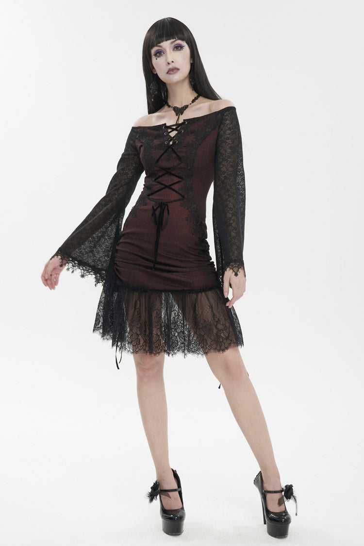 Red Elastic Texture One-Shoulder Hem Splicing Lace Bell Sleeve Women's Gothic Dress - Product - 4