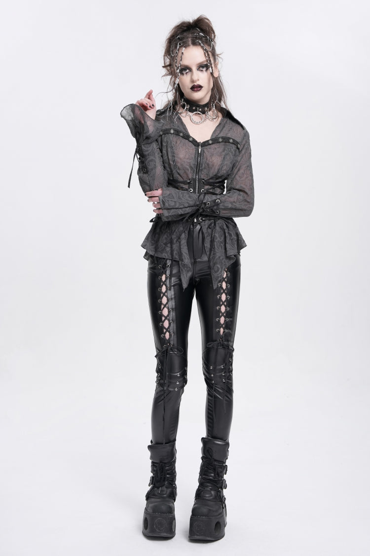 Black Lace-Up Ripped Rivet Women's Punk Pants - Product - 7
