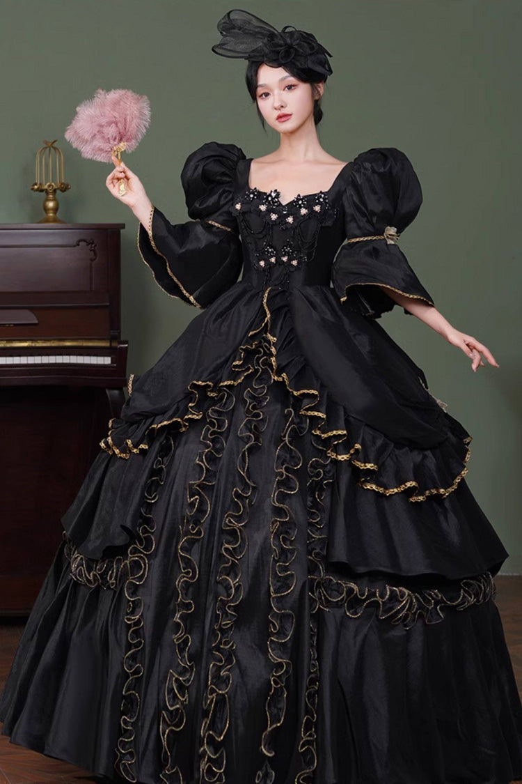 Black Square Collar Half Trumpet Sleeves Double-Layered Ruffled Open-Front Gothic Vintage Palace Lolita Victorian Dress - Black - 1