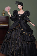Black Square Collar Half Trumpet Sleeves Double-Layered Ruffled Open-Front Gothic Vintage Palace Lolita Victorian Dress - Black - 1