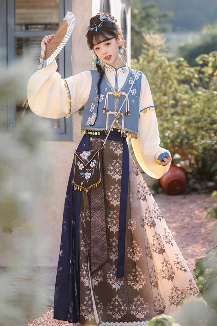 Multi-Color [Wind Of The Snowfield] Stand Collar Long Sleeves Printed Embroidered Women's Daily Sweet Hanfu Dress Set - Product - 3