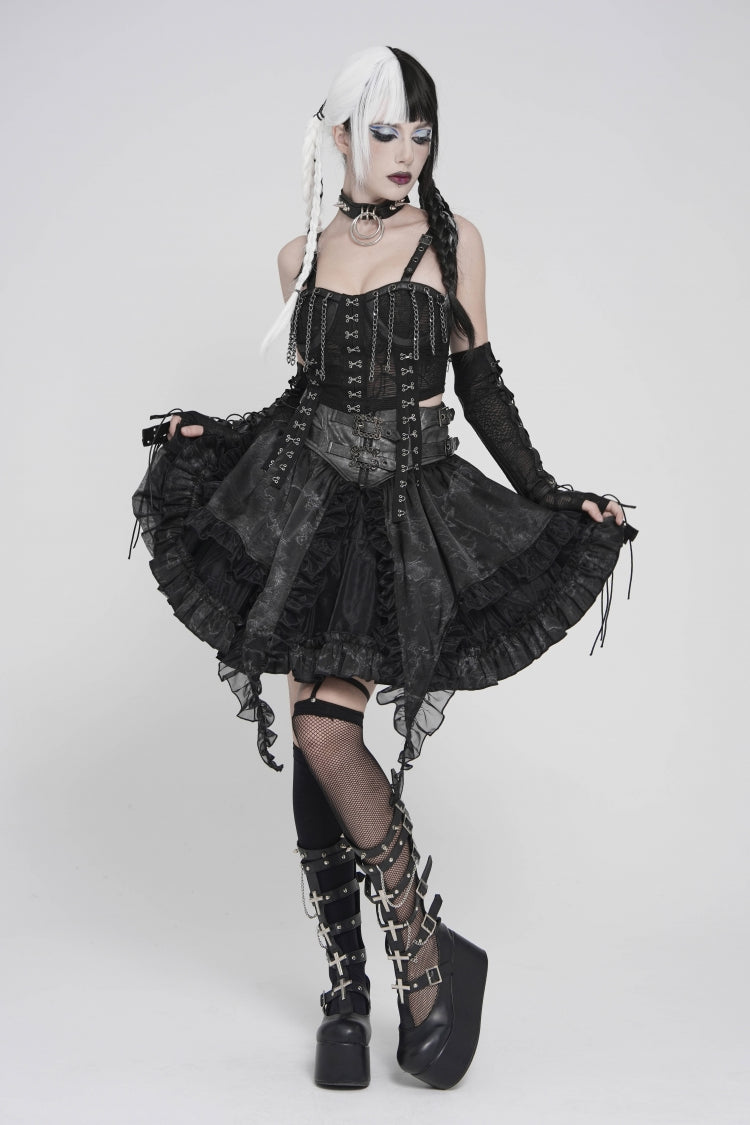 Black Multi-Layered Printed Spliced Lace Lace-Up Buckled Pleated Eyelet Women's Gothic Skirt - Black - 1