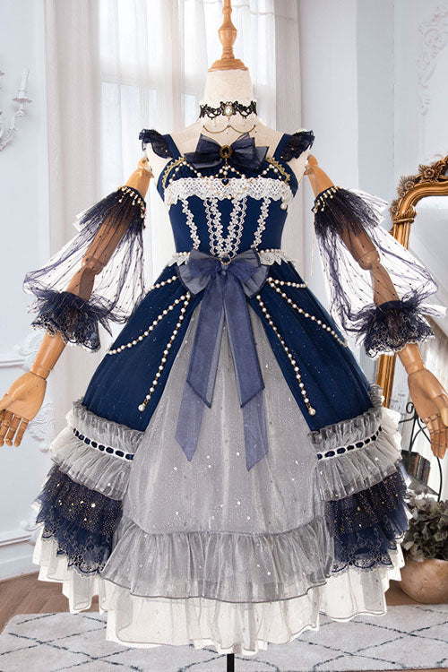 Blue Gorgeous Starry Sky Bowknot Pearl Chain Decoration Multi-Layer Ruffled Sweet Lolita JSK Tiered Dress - Blue - 1