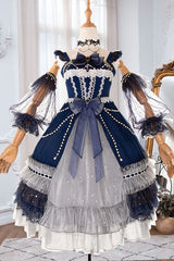 Blue Gorgeous Starry Sky Bowknot Pearl Chain Decoration Multi-Layer Ruffled Sweet Lolita JSK Tiered Dress - Blue - 1