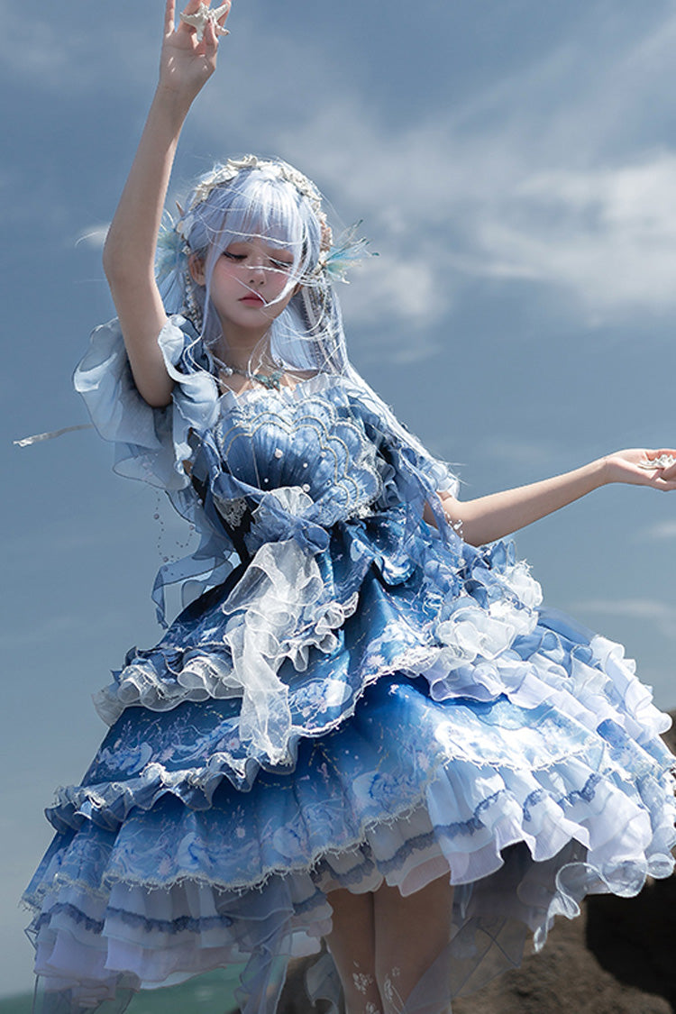 Blue [Jellyfish] Gradient Print Ruffle Embroidery Bowknot Lace Asymmetric Sweet Elegant Lolita Jsk Dress - Product - 15