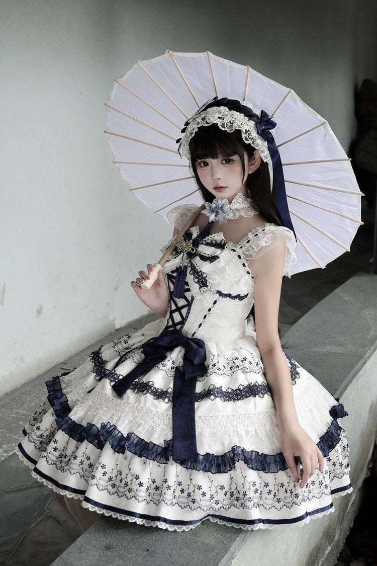 White/Blue [Mandarin Duck Rhapsody] Sleeveless Porcelain Printed Ruffled Bow Lace Chinese Style Sweet Lolita Jsk Dress - Product - 8