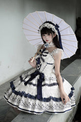 White/Blue [Mandarin Duck Rhapsody] Sleeveless Porcelain Printed Ruffled Bow Lace Chinese Style Sweet Lolita Jsk Dress - Product - 8