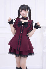 Red [Waltz] Short Sleeves Ruffle Bowknot Gothic Jirai Kei Japanese Dress Set - Red - 1