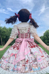 Red Plush Bear and Doll Print Ruffle Bowknot Lace Sweet Lolita Jsk Dress - Product - 8