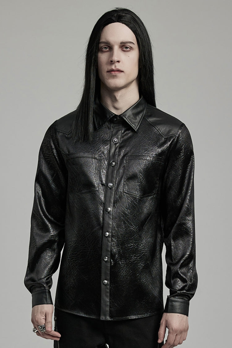 Black Lapel Collar Long Sleeves Faux Leather Men's Gothic Blouse - Black - 1