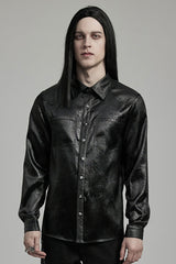 Black Lapel Collar Long Sleeves Faux Leather Men's Gothic Blouse - Black - 1