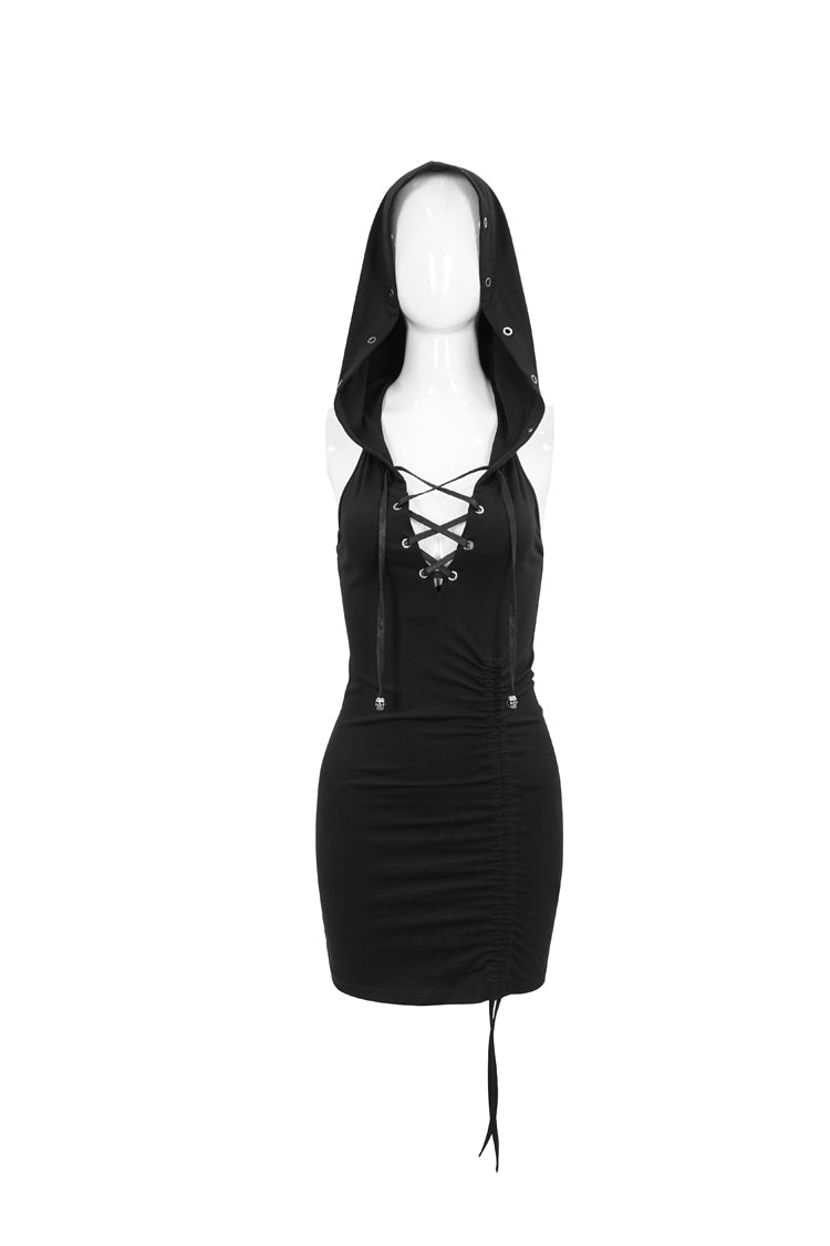 Black Cross Straps Backless Hooded Sleeveless Hip Wrap Women's Punk Dress - Product - 6