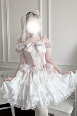 Pink/White [Pearl Nocturne] Square Collar Flutter Sleeves Multi-Layered Printed Ruffled Bow Lace Sweet Japanese Lolita Dress - Product - 7